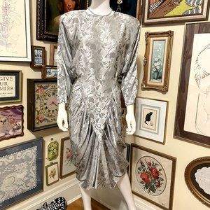 80s Vintage Jodi Schwartz Silver Gray Silky Abstract Jacquard Sculptured Dress